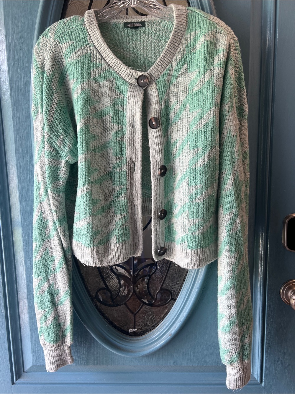wild fable Mint Green and Cream Patterned Button-Front Cardigan (cropped fit)
